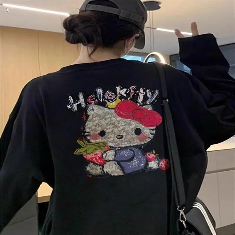 

Футболка Sanrio Hello Kitty для студентов, свободного кроя, с длинными рукавами, весна-осень, базовый слой, милый комплект, пуловер для ленивых женщин, топы с мультяшными персонажами для девочек
