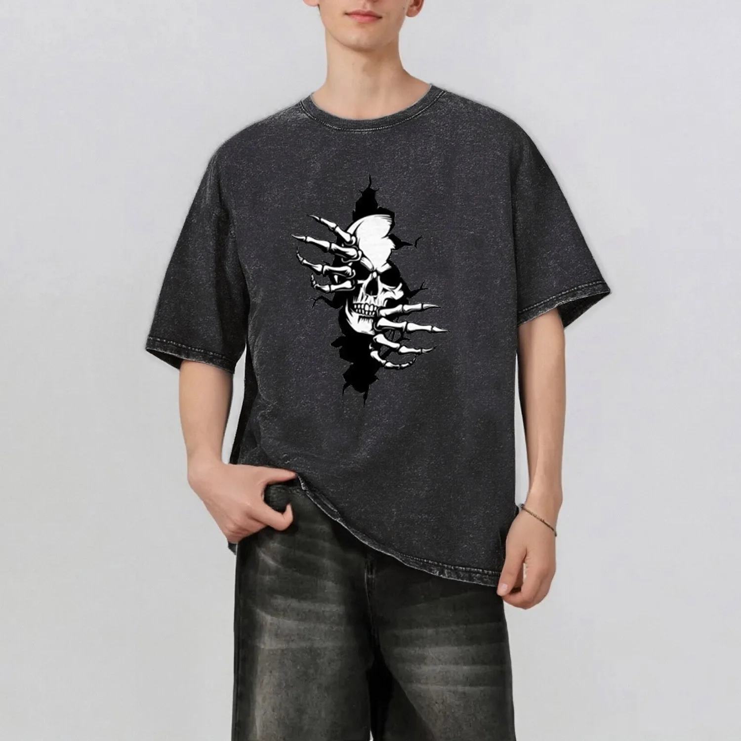 الجمجمة نمط Rint الرجال الصيف ريترو ستايل غسلها المياه تي شيرت عادية قصيرة الأكمام الأساسية الرجال أعلى 230 جرام