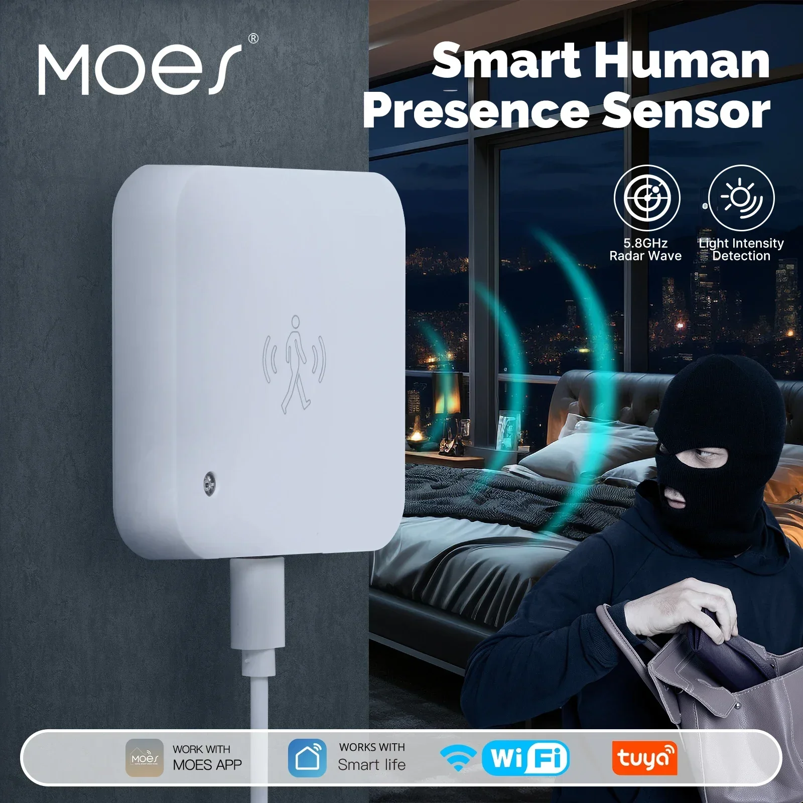 

MOES Tuya WiFi Smart Human Presence Sensor Motion and Motionless Detection Light Luminance Sensor Wired Design App Notification