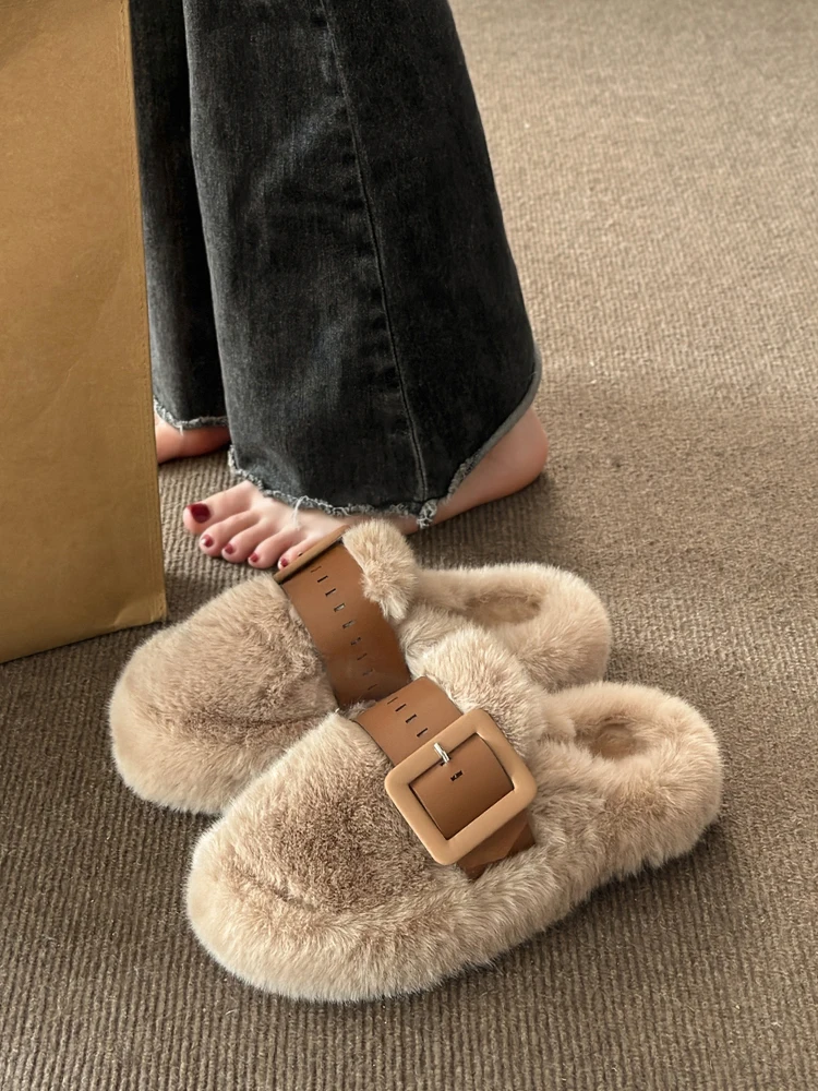 Slippers Casual Flock Med Shoes Platform Fur Flip Flops Cover Toe Slipers Women Slides Luxury Plush Flat 2024 Rubber  with fur F