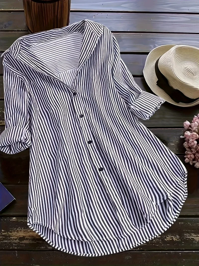 Plus Size 1XL-5XL Topy dla kobiet z długim rękawem Casual Striped Print Button Down Shirts Loose Turn Down Collar Blouses