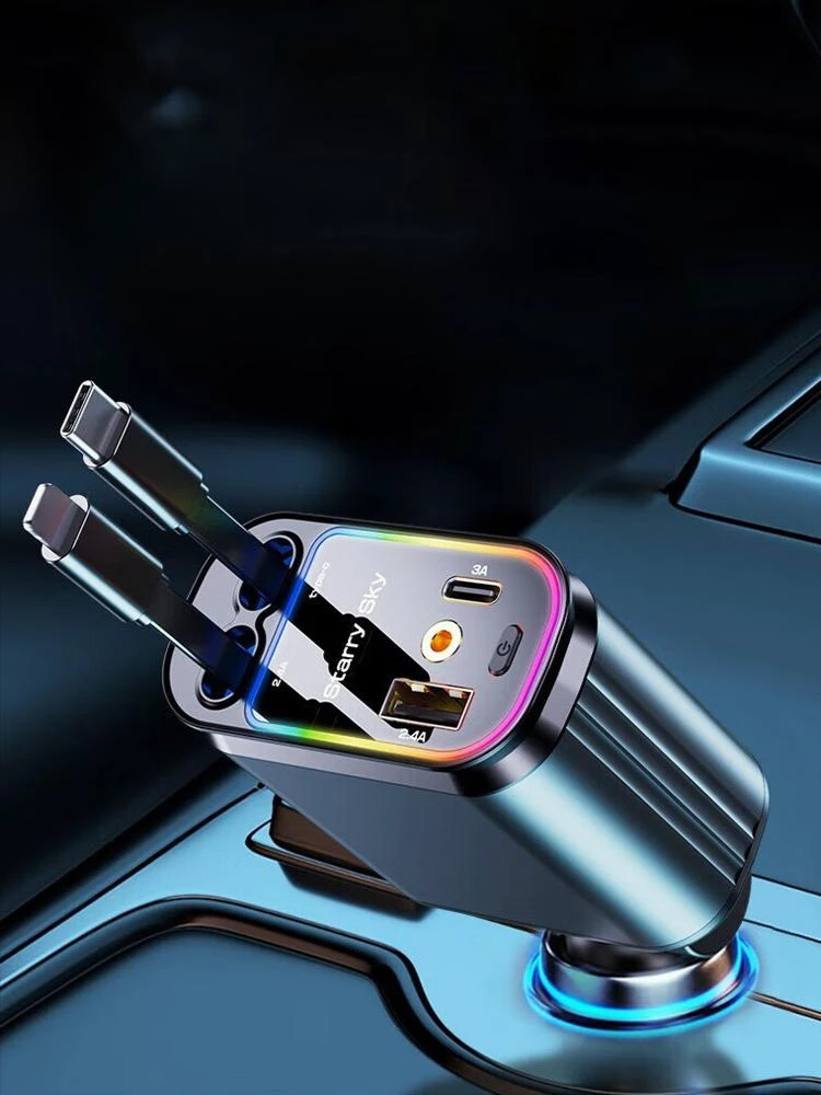 4-in-1 120W Einziehbares Auto-Handy-Ladegerät mit USB-C-Kabel und Dach-Sternenlicht – Schnelles Laden für iPhone 17/16/15/14/13