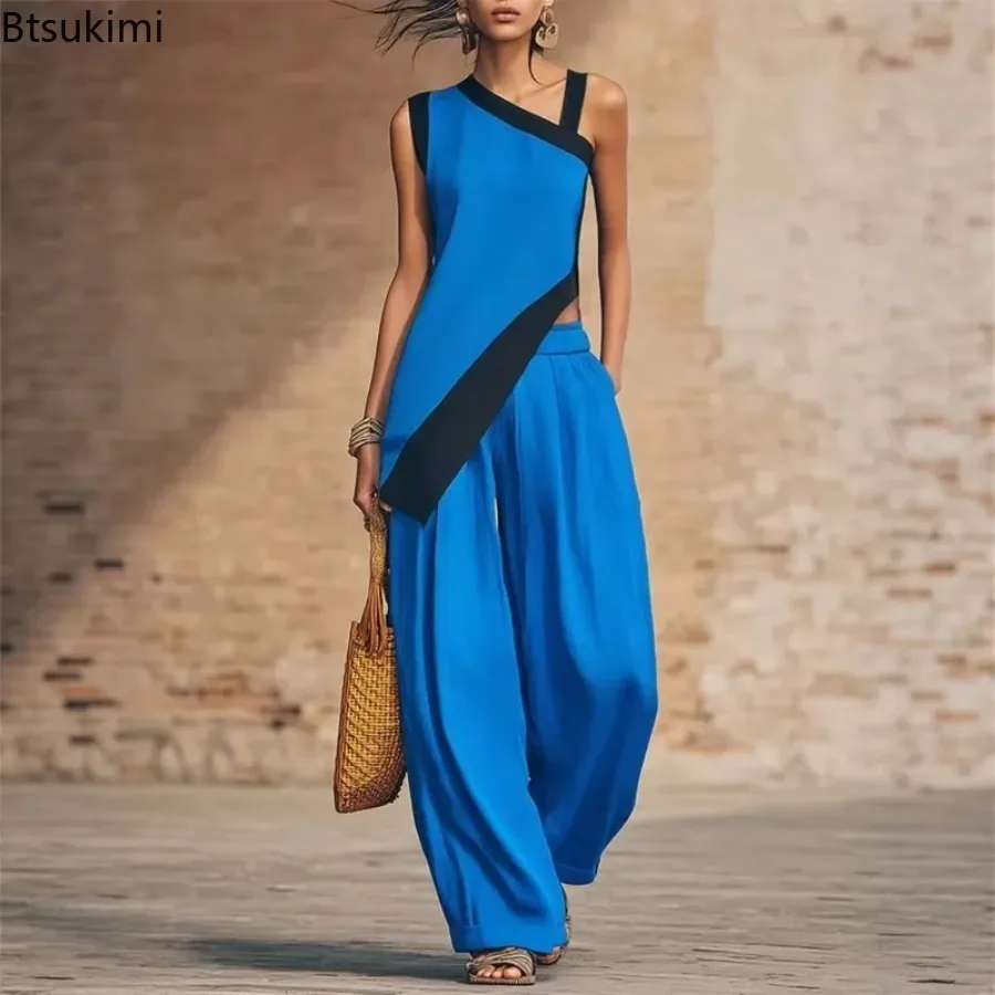 New Women Summer Sexy Sleeveless Color Block Wide Leg Pant Sets Retro Irregular Top and Pants Casual Outfits Vacation Streetwear