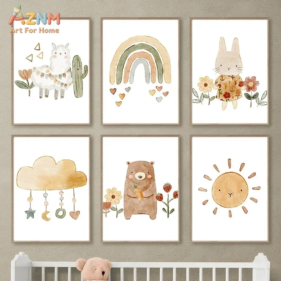AZNM Watercolor Boho Cute Animals Canvas Wall Art Llama Bear Bunny Rainbow Sun Cloud Floral Warm Neutral Tone Print Sweet Cartoo