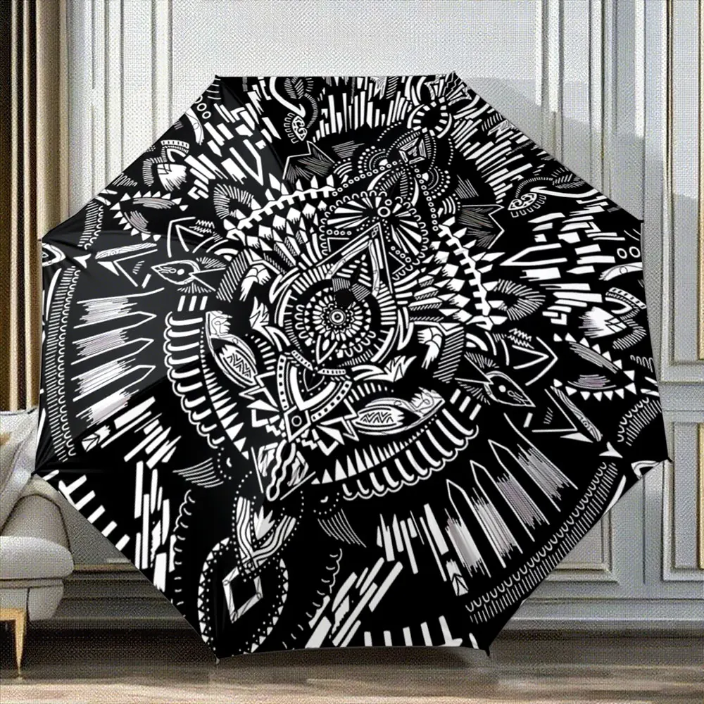 Black and White Tribal Pattern with Geometric Abstract Design Portable Folding Umbrella, Gift for Family And Friends