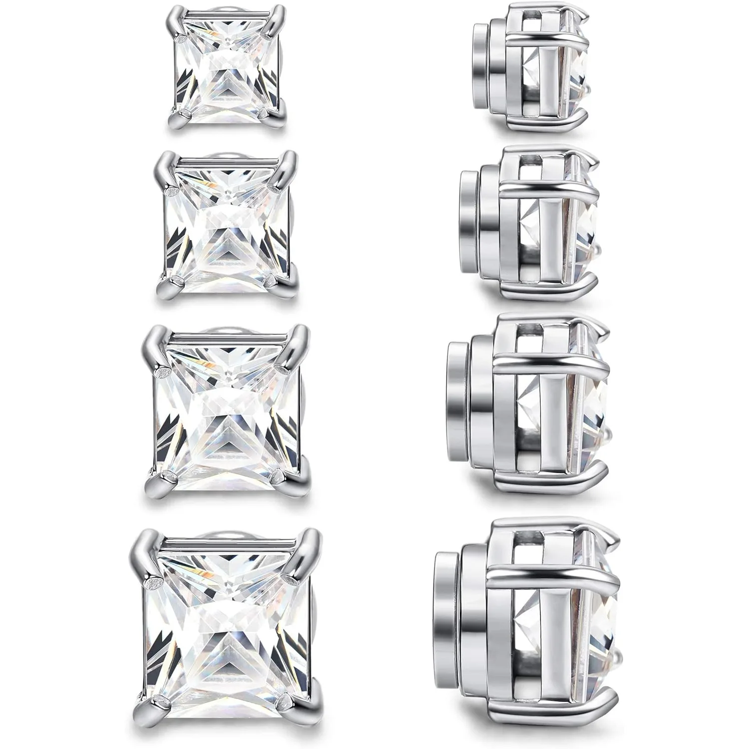 FASACCO 4 Pairs Stainless Steel Magnetic Stud Earrings for Men Women Square Inlaid Earrings Non-Piercing CZ Clip Earring 5-8mm