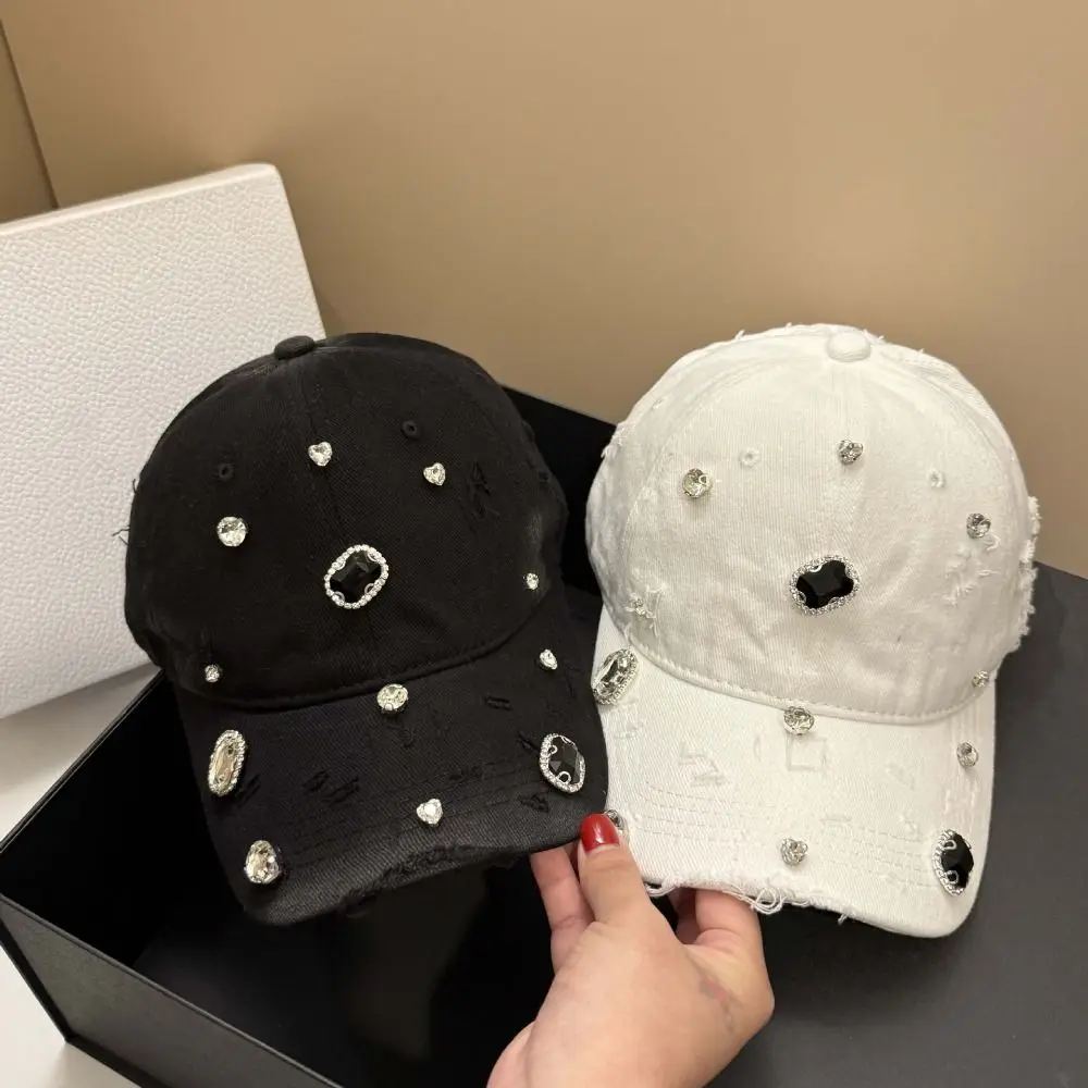 Cotton Rhinestone Baseball Cap Rhinestone Embellished Vintage Wash Hole Washed Hat Torn Effect Adjustable Snapback Tennis Cap