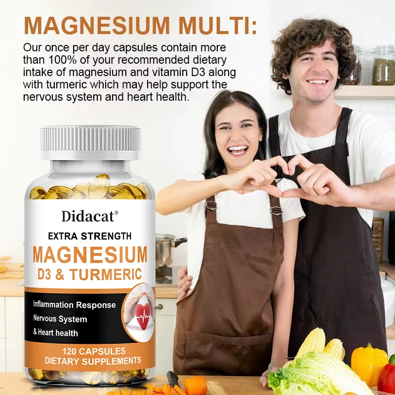 

Magnesium Vitamin D3 with Turmeric, Dietary Supplement for Healthy Bones, Immune Function, Nervous Systems, Non-GMO, Gluten Free