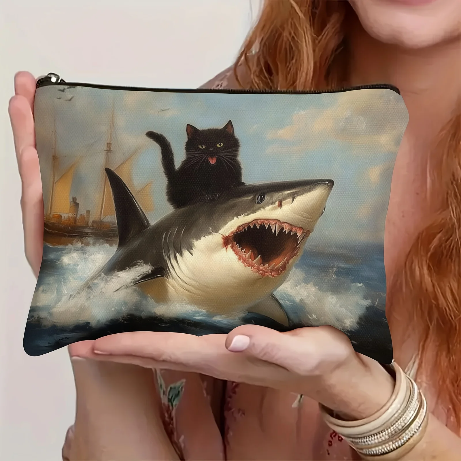 Delicate Humor Style Makeup Bag, Funny Black Cat and Shark Fashion Gifts,Portable Cosmetic Bag Multifunctional Storage Pouch,