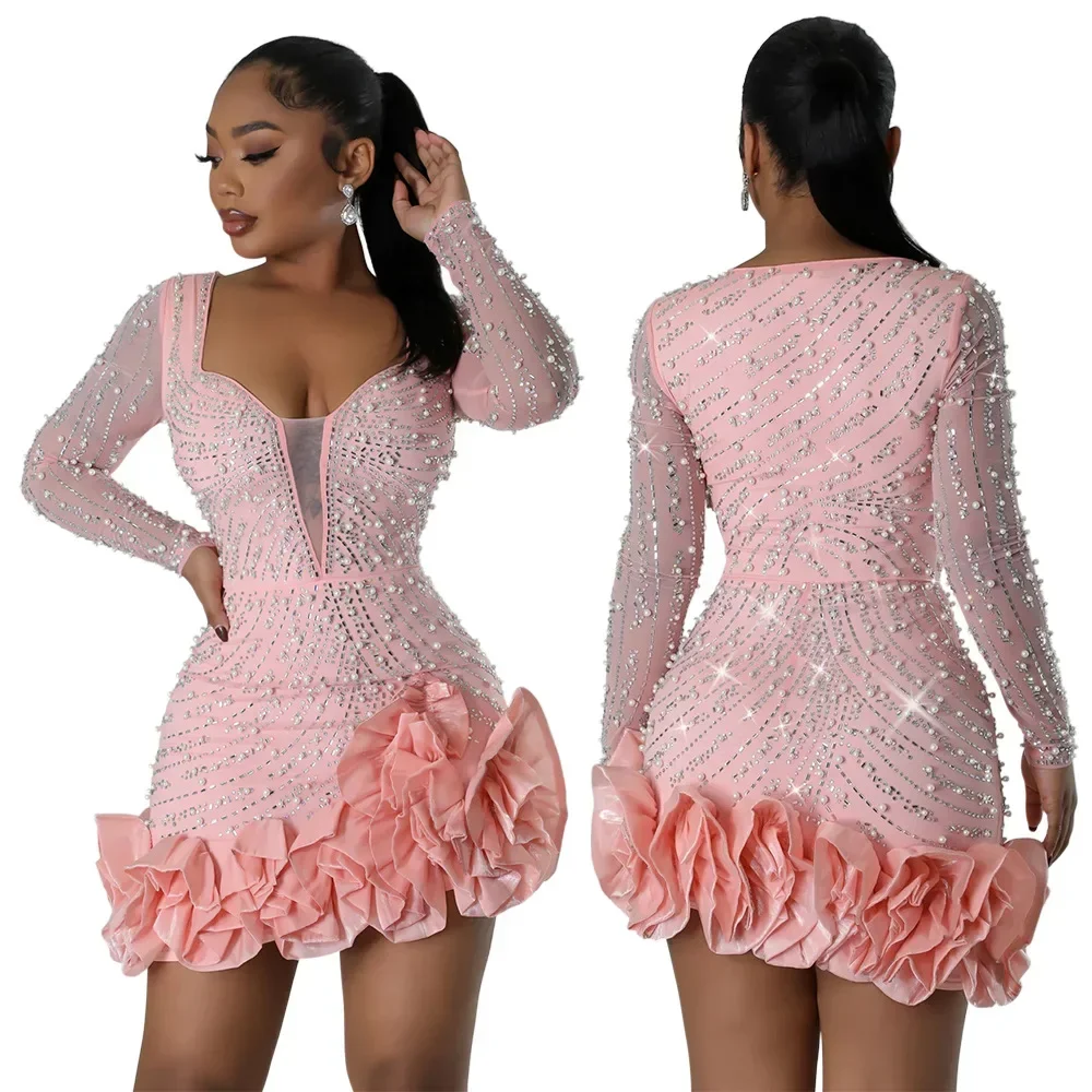 Spring Women Long Sleeve Ruffles Hot Drilling Bead Short Dress Sexy Night Club Evening Birthday Mini Dresses Vestidos