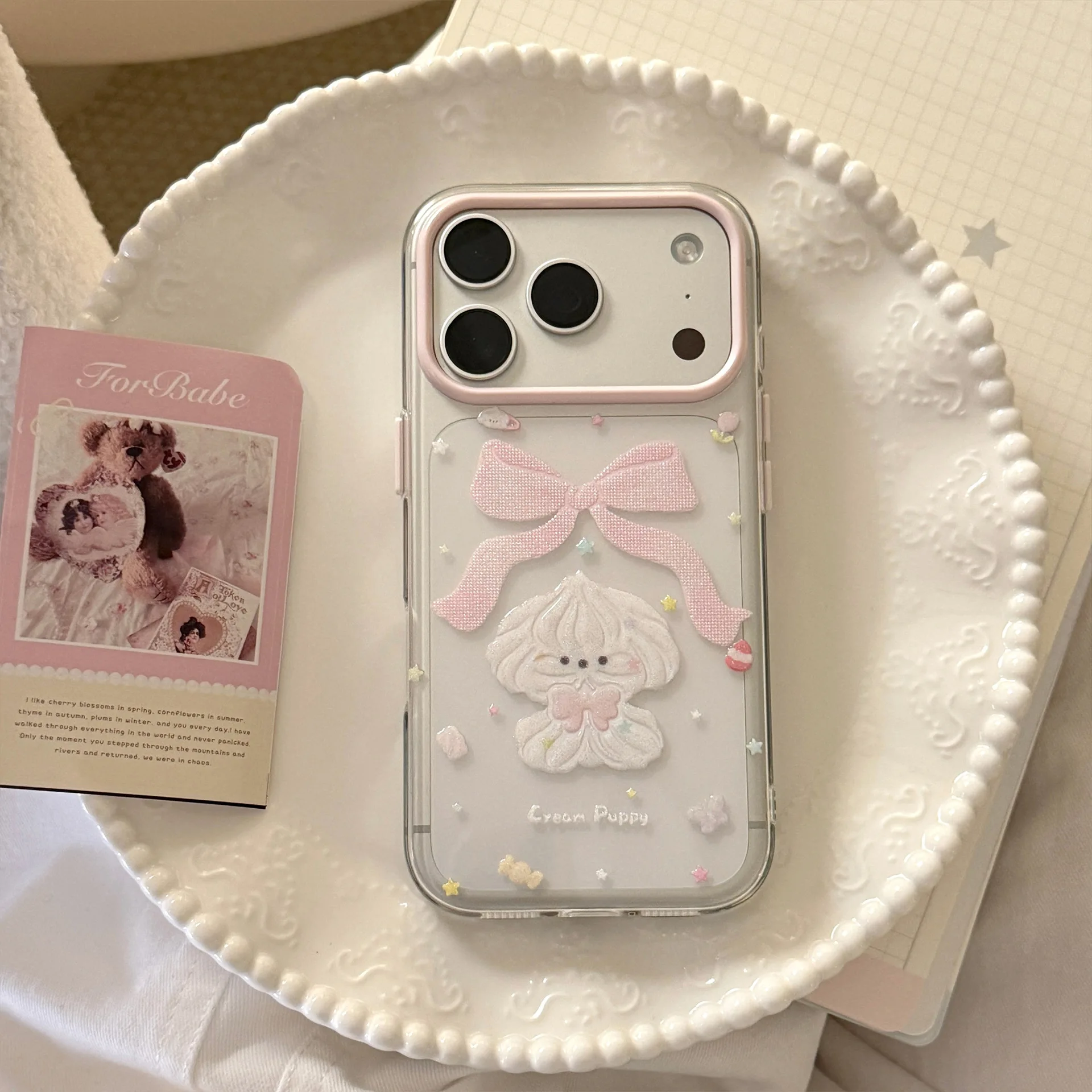 

Korean Glitter Cartoon Cream Puppy Bowknot Pattern Phone Case For iPhone 13 14 15 16 17 12 Pro Max Clear Shockproof Soft Cover