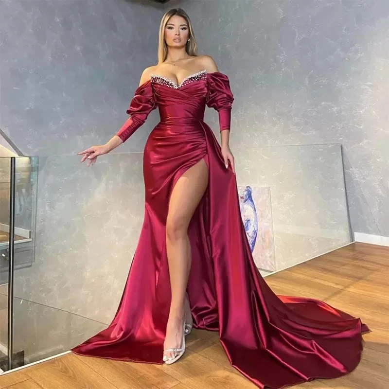 

Burgundy Evening Dresses Mermaid V-neck 3/4 Sleeves Beaded Slit Long Turkey Dubai Saudi Arabic Evening Gown Prom Dresses