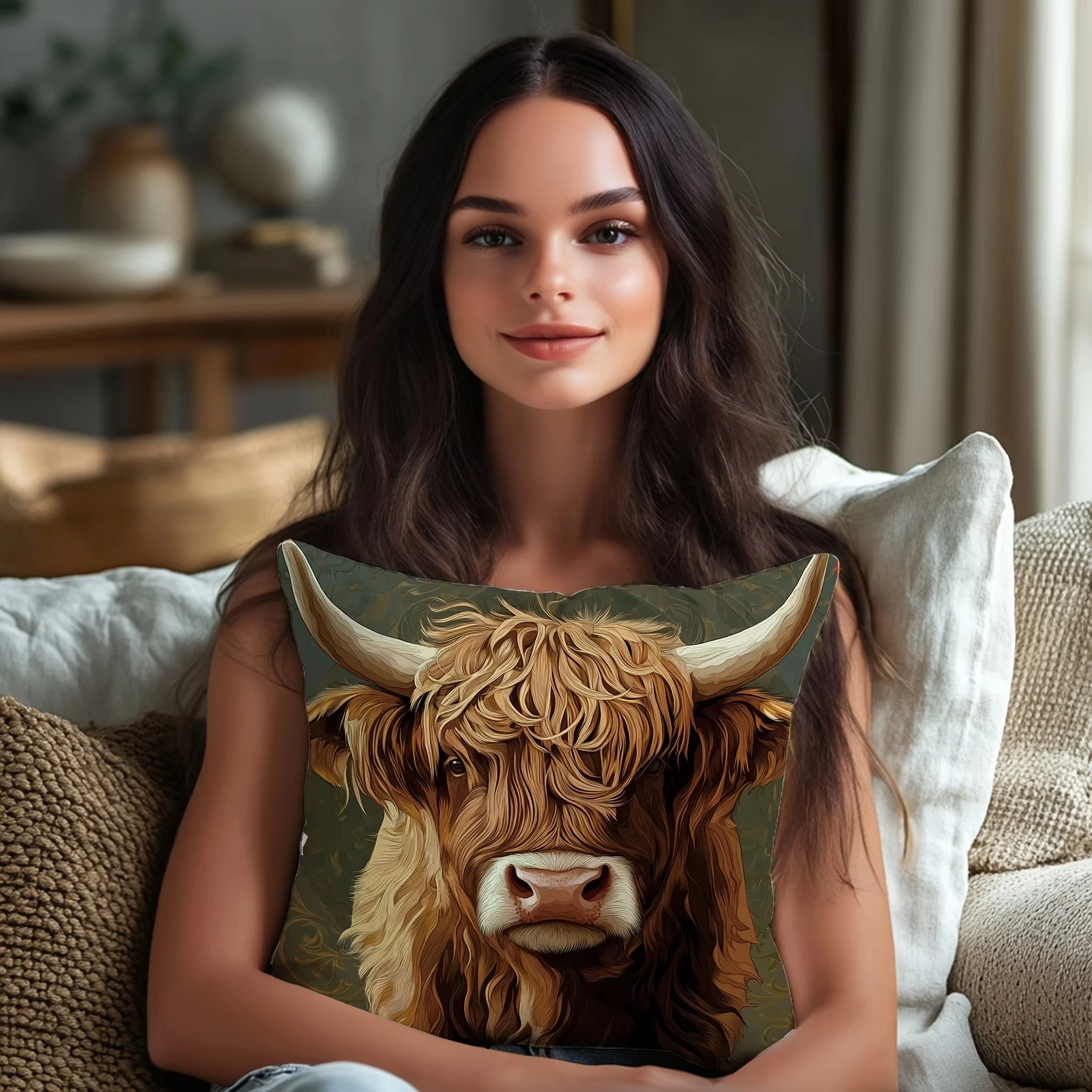 كيس وسادة بقرة هايلاند - غطاء وسادة من القماش الناعم المزخرف، قابل للغسل لديكور المنزل على شكل حيوانات المزرعة، مناسب للأرائك والأرائك #1