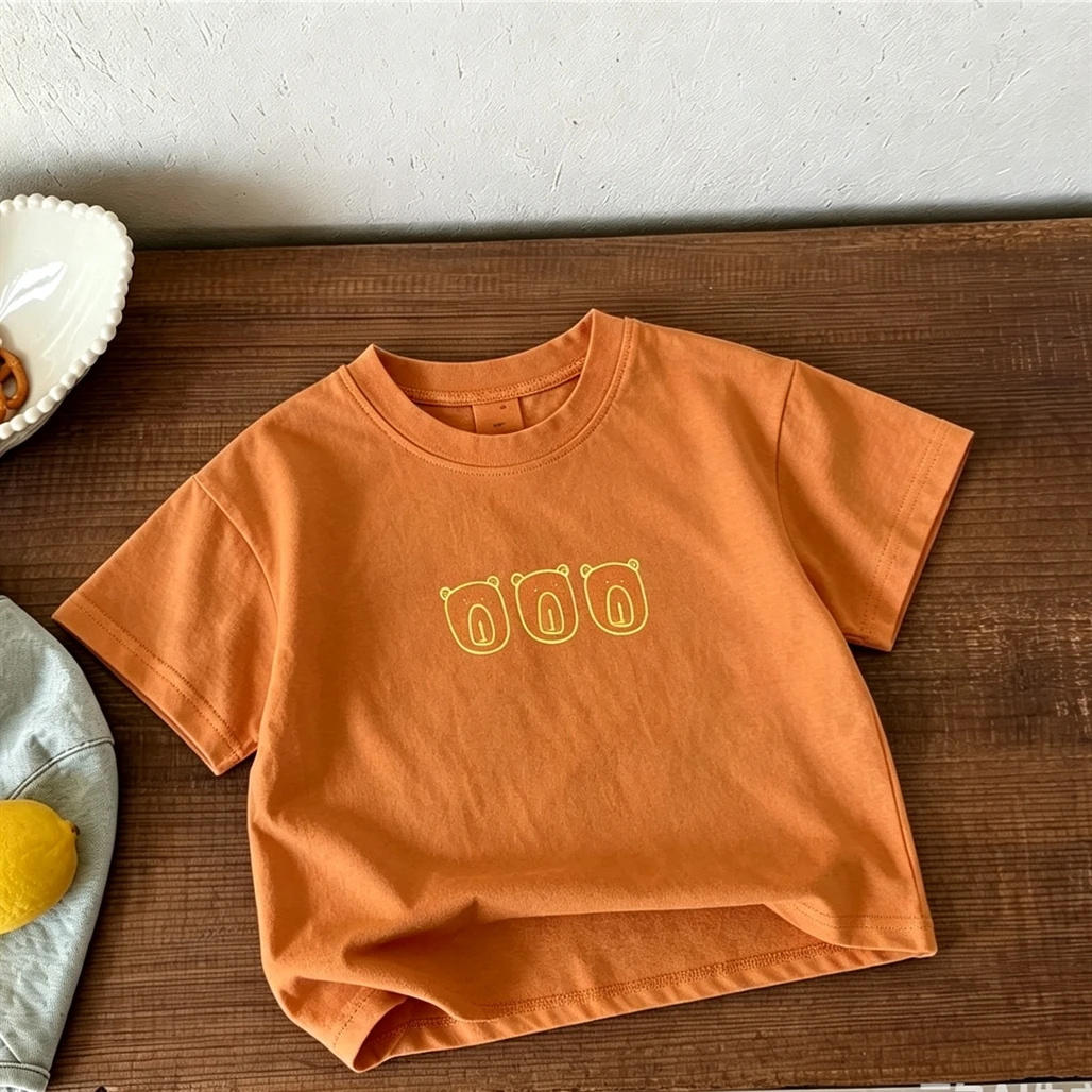 Solid Color Versatile Base Shirt For Baby Boys Girls Thin Pure Cotton Summer Clothing Kids Cartoon Print Tees+Shorts 2Piece Set