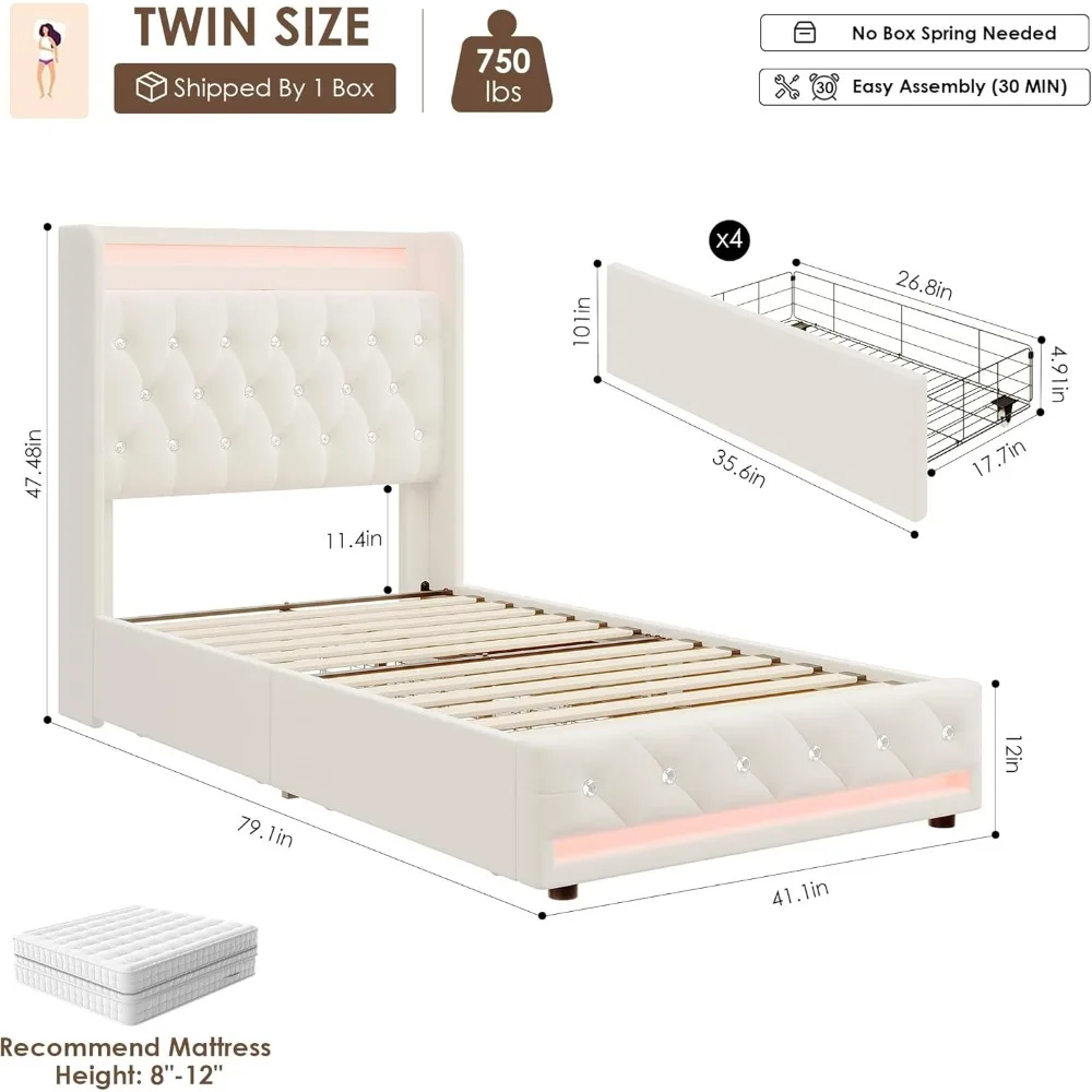 Upholstered Twin LED Bed Frame with Charging Station Headboard , Velvet Crystal Button-Tufted  Twin Size Platform Bed Frames