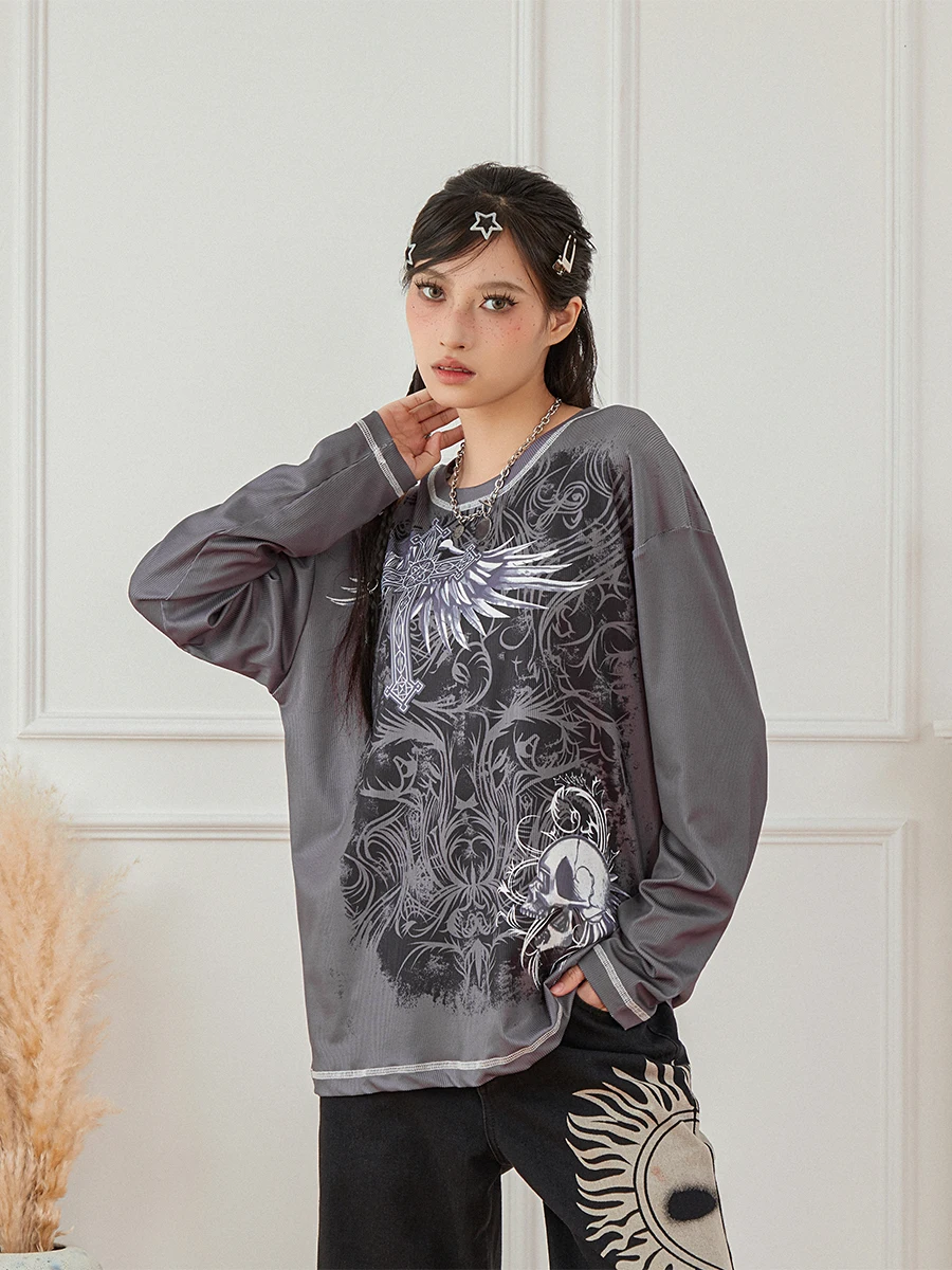 New Womens lang ärmelig bedrucktes lang ärmel iges Top lässig Retro Gothic Style Schädel gedruckt Pullover Club Street Shirt