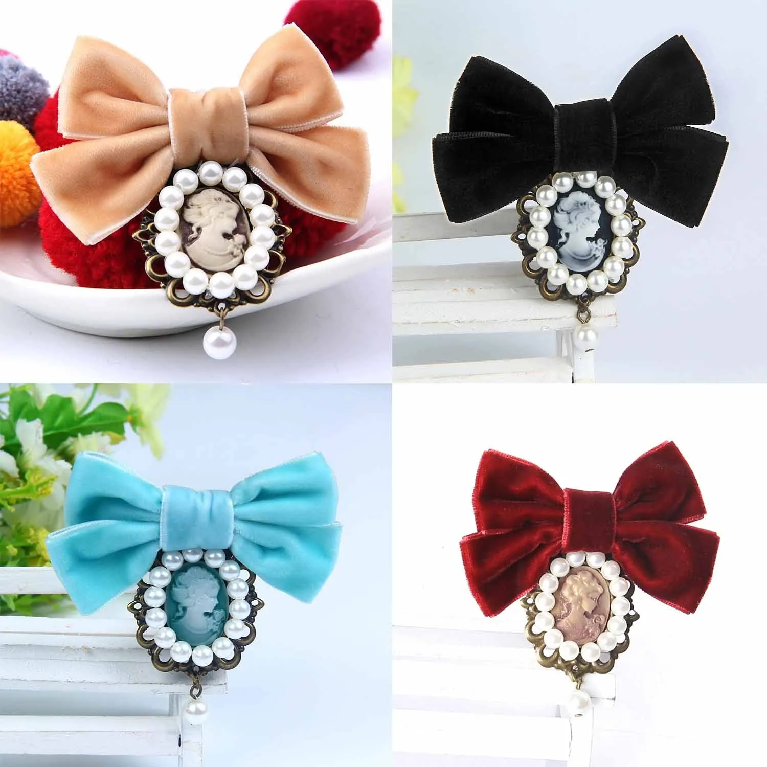 Beauty Head and Chest Flower Pin Jewelry Retro Relief Queen Velvet Bow Pearl Brooch Handmade