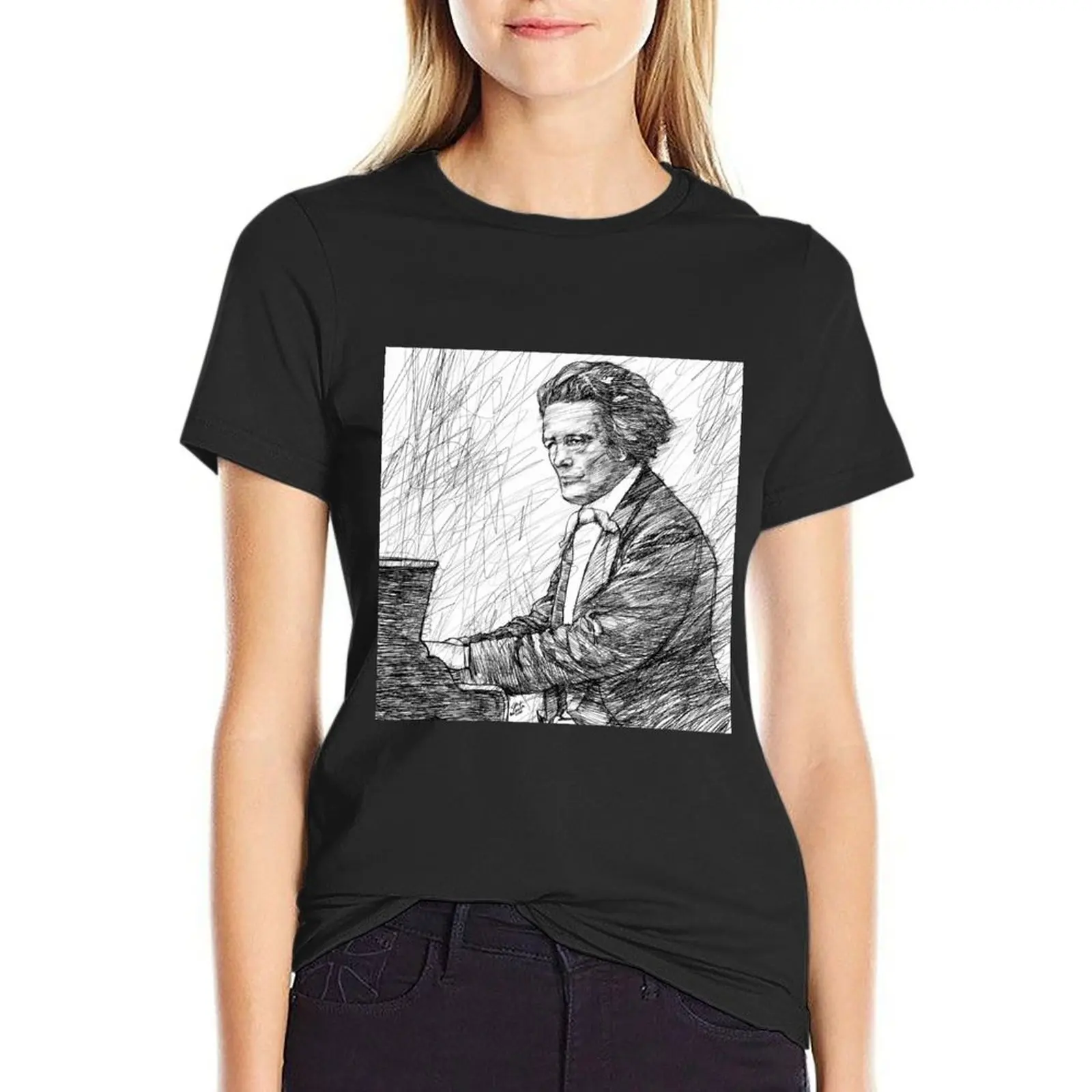 ANTON RUBINSTEIN ink portrait T-Shirt vintage clothes summer tops Female clothing plus size t shirts for Women loose fit