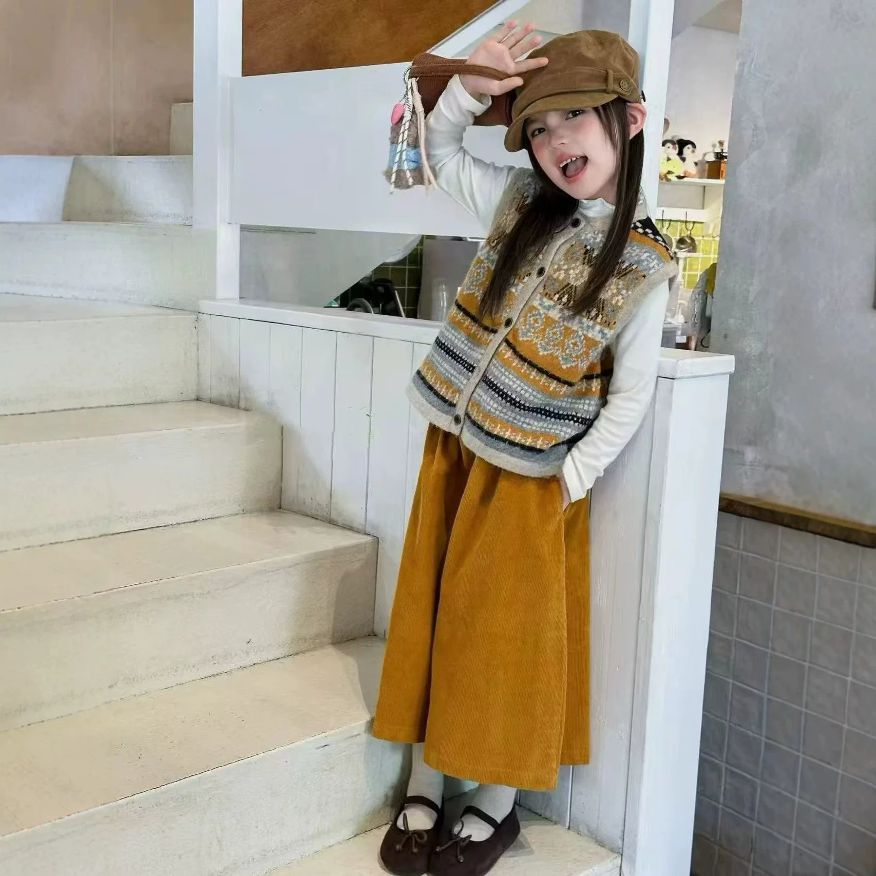2026 Autumn Winter New Girls Clothing Set Patterned Knit Sweater Vest + Long Sleeve Base Shirt + Long Trousers Children Outfit
