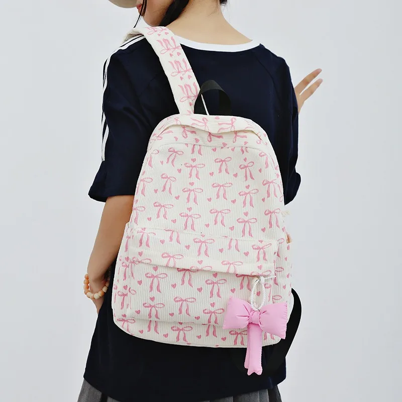 Corduroy Schoolbag Bow Pendant Fashion Large Capacity Bow Print Backpack Bag Students Backpack Women Travel Notebook Bag 2026