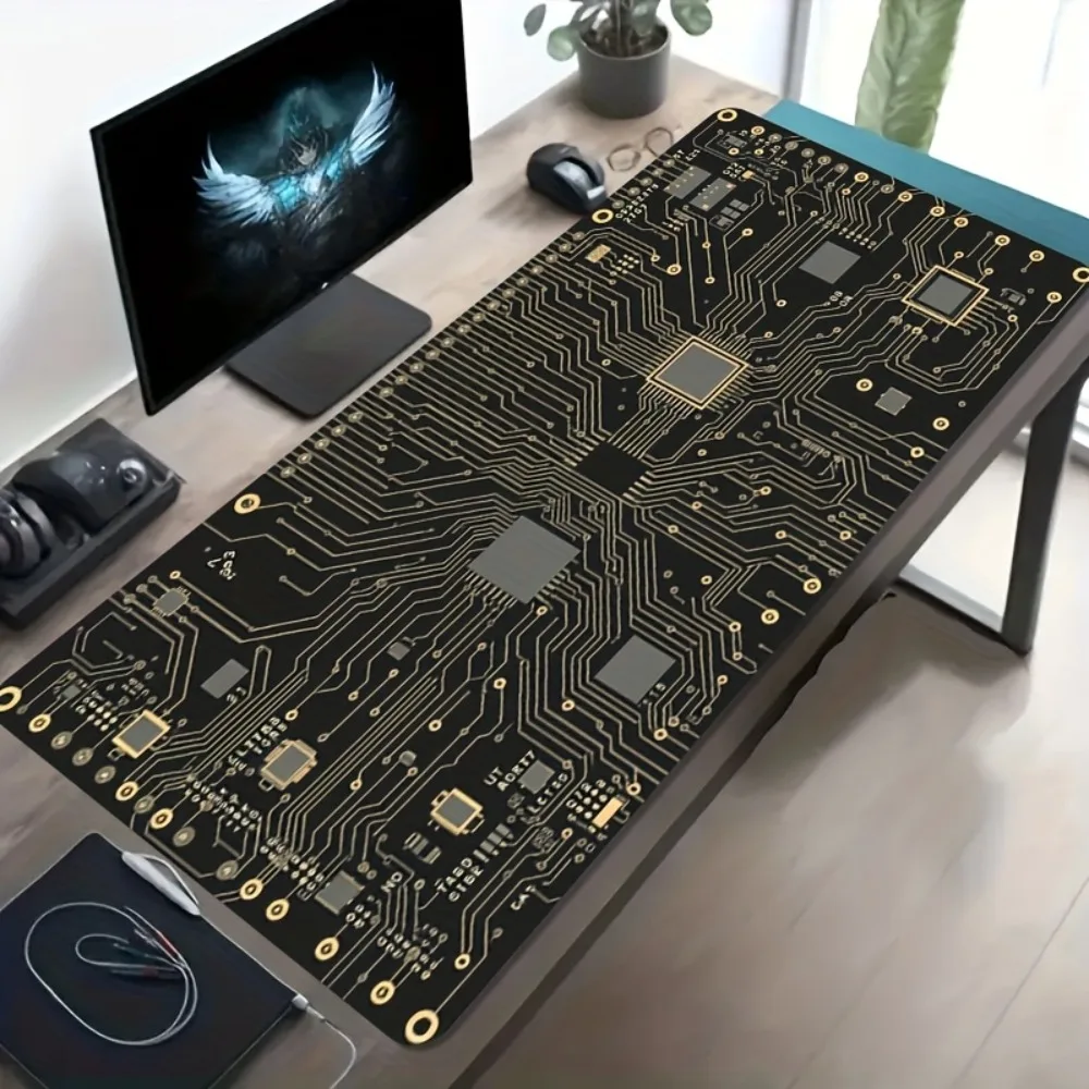 CIFBUY Mouse Pad Non-Slip Rubber Base Washable Large Desk Mat For Office Gaming Black Gold Circuit Board Futuristic Tech Pattern