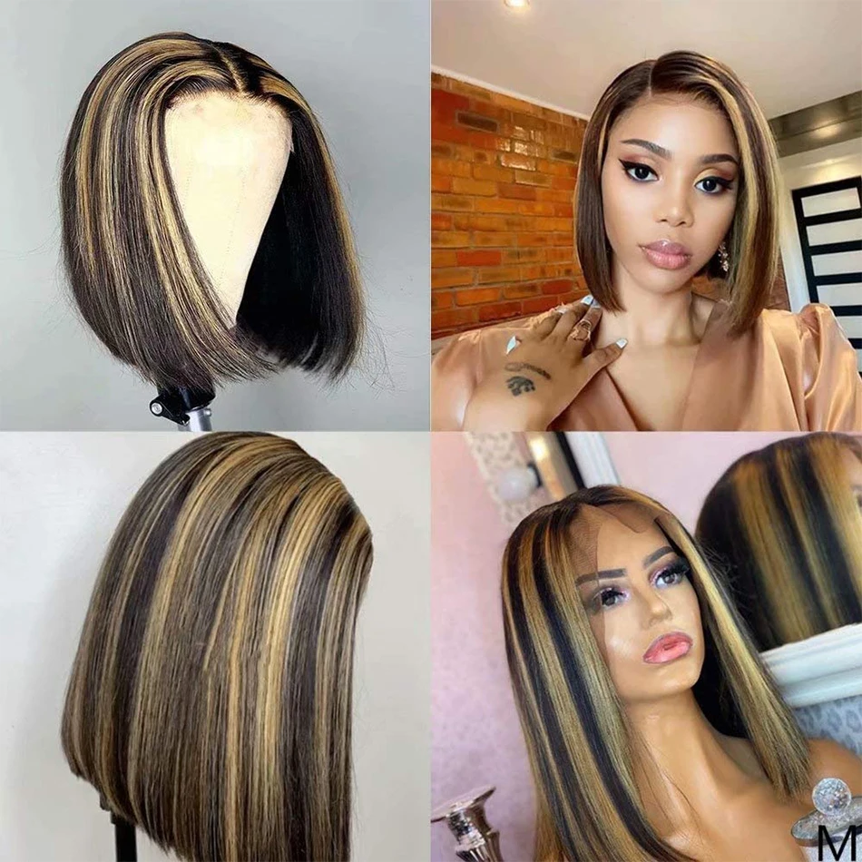 Ombre Highlight Bob parrucca capelli umani parrucca corta diritta 13*4 parrucche anteriori in pizzo dei capelli umani Pre pizzicate per la qualità del salone 200 densità