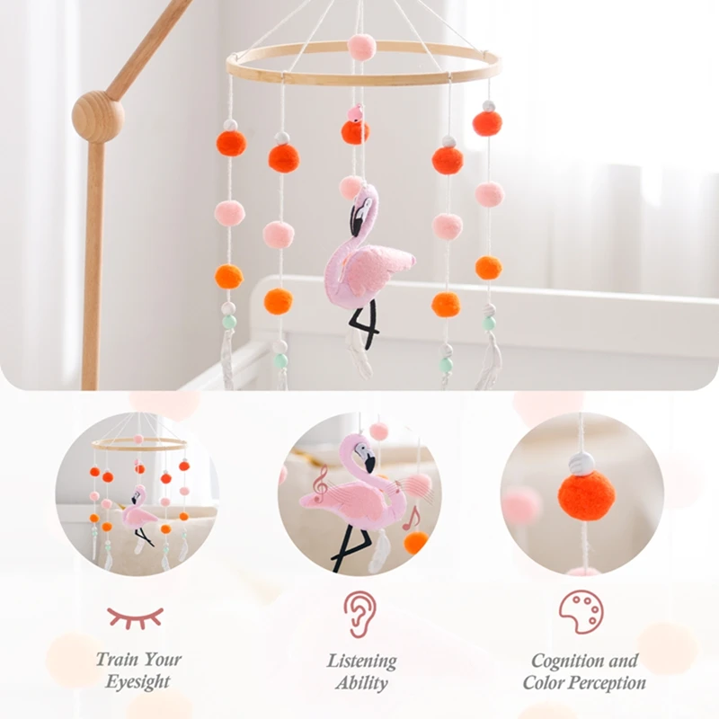 Baby Wooden Mobile Musical Bed Bell Hanging Toy 0-12Month Felt Flamingo Doll Toy Newborn Comfort Bed Bell Bracket Toys Baby Gift