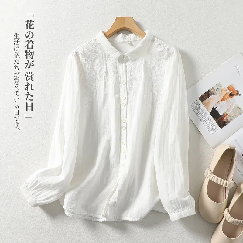 Embroidery Chinese Style Blouses Summer Vintage Women's Shirts Long Sleeve Cotton Linen Clothing Loose Women Top 2024 Korean