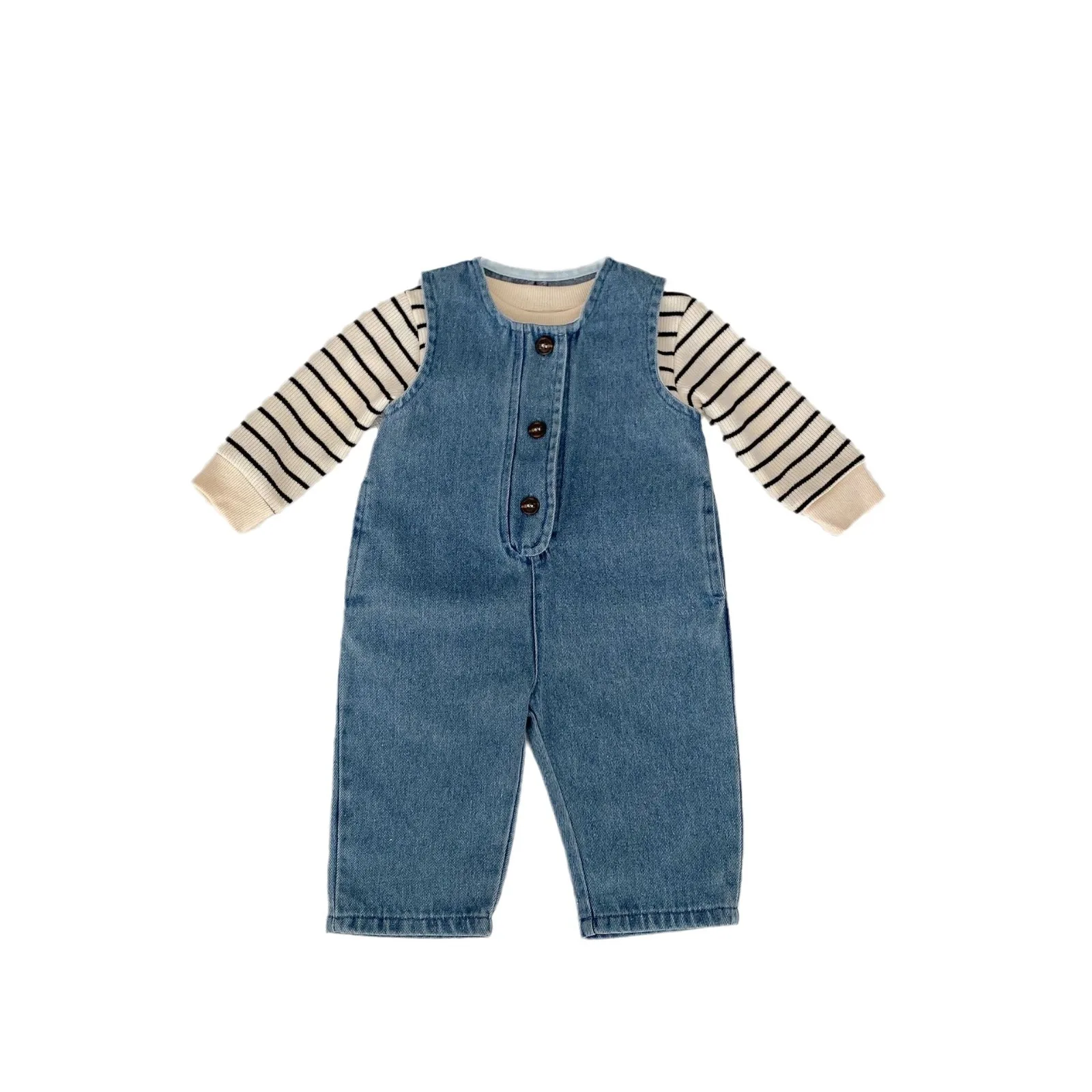 2024 Spring New Baby Denim Romper Set Infant Boy Girl Sleeveless Jumpsuit + Striped Tops 2pcs Suit Toddler Overalls Outfits