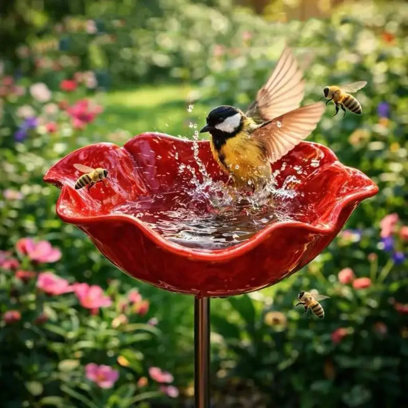 Large Handmade Metal Flower Stake with Bee Bird Waterer for Whimsical Outdoor Yard Decor