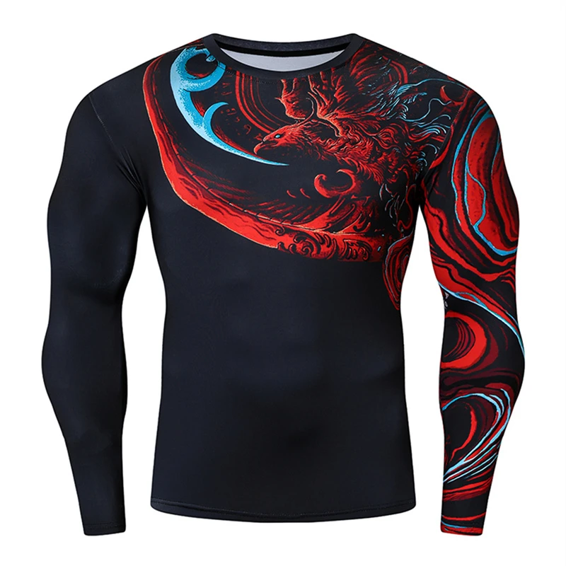 Muscle Tattoo Mens Compression T-shirts Long Sleeve Wolf Dragon Sportswear Rashguard Fitness Gym Tops Tees Streetwear Tshirt