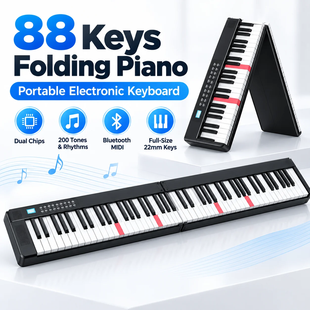 88/61 Key Foldable Digital Keyboard, Bluetooth MIDI Supported, 200 Sounds & Rhythms Portable Electronic Piano for New Learners