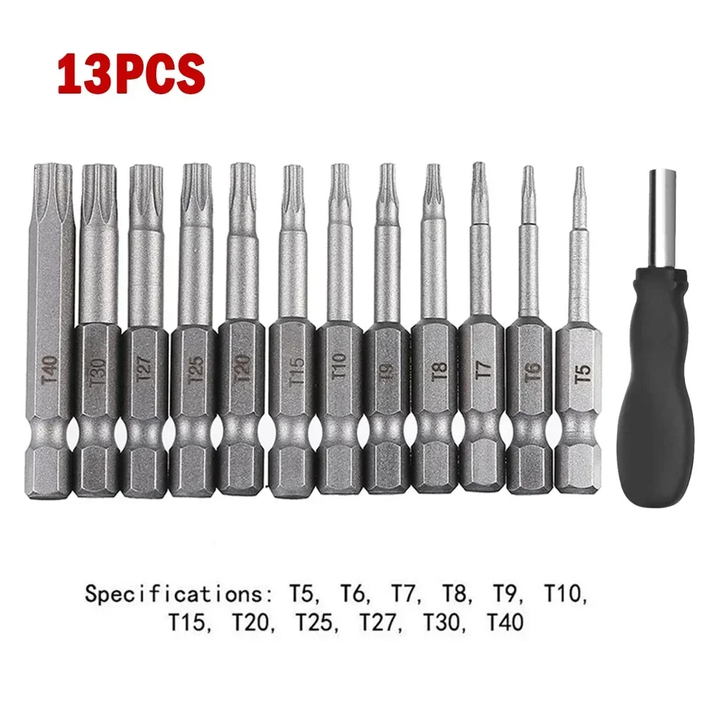 13pcs Security Bit Set Extension Bit Holder Tamper Star Screwdriver Bits Set 50mm T5-T40 S2 Alloy Steel Torx Screwdriver Bit