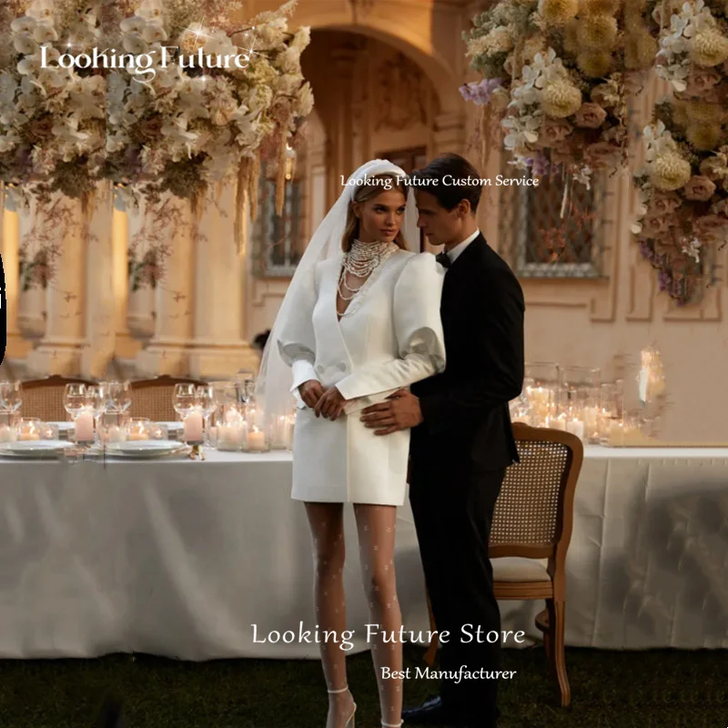 Aangepaste Eenvoudige Satijnen Schede Mini Trouwjurken Lange Bladerdeeg Mouw Sexy V-hals Plooi Knop Jurken Voor Bruid Ivoor Korte Jurk