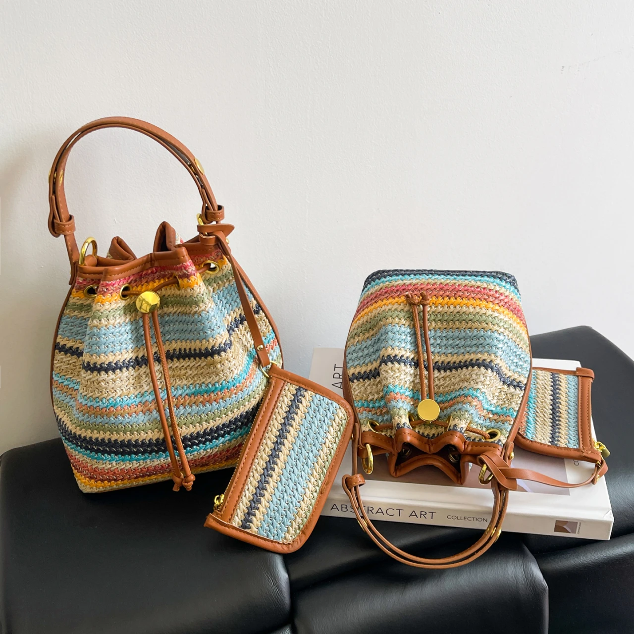 

2 Pcs/set Bucket Design Crossbody Bag 2025 Boho Beach Shoulder Purses and Handbags Summer Colorful Straw Bolsa Feminina New
