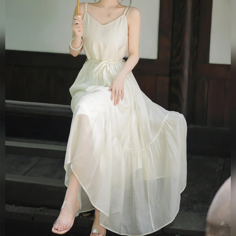 Waist Slimming White Suspender Skirt2024Summer New Tencel Lace-up Dress