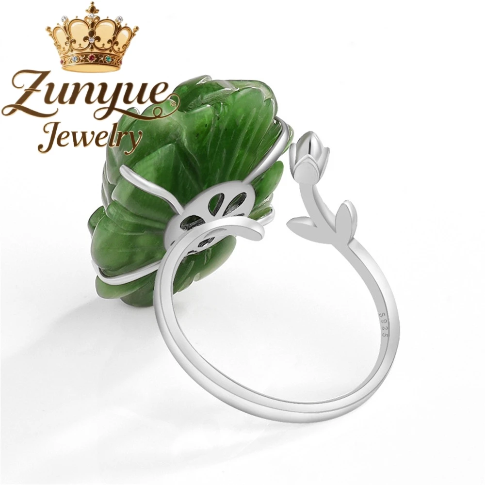 Natural Hetian Jade Jasper Spinach Green Lotus Open Ring S925 Silver Set Women's Ring Fashionable Band Adjustable Fine Jewelry view 3