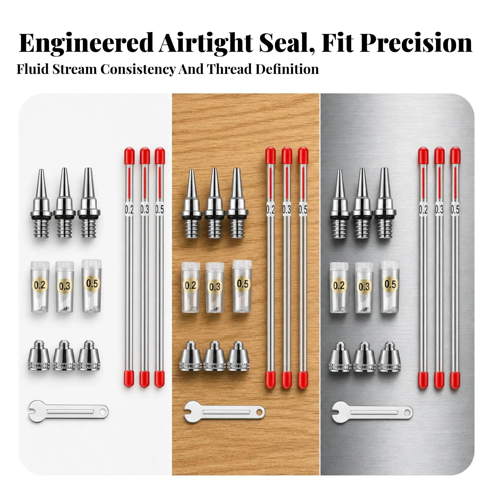 Hobby Airbrush Nozzle Kit with Wrench for Detailed Painting Chrome Coated Copper Tips Storage Tubes Included