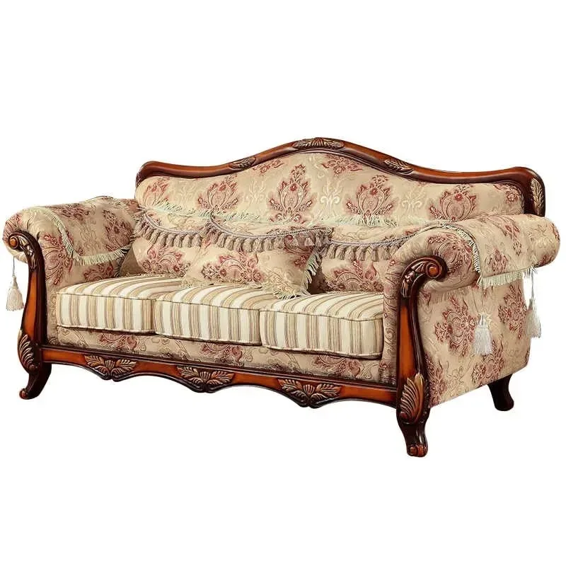 European Antique Style High-End Solid Wood Carved Fabric Sofa Set Luxury Living Room Furniture with Sponge Filling for Villas