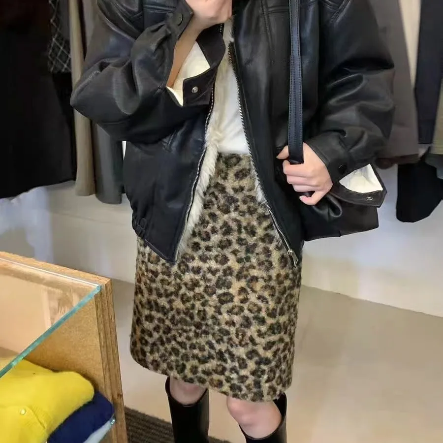 

Ele Leopard Print High Waist Midi Skirt Women's Hong Kong Sle Retro Slimming Wool Blend Spring Autumn Winter Skirt