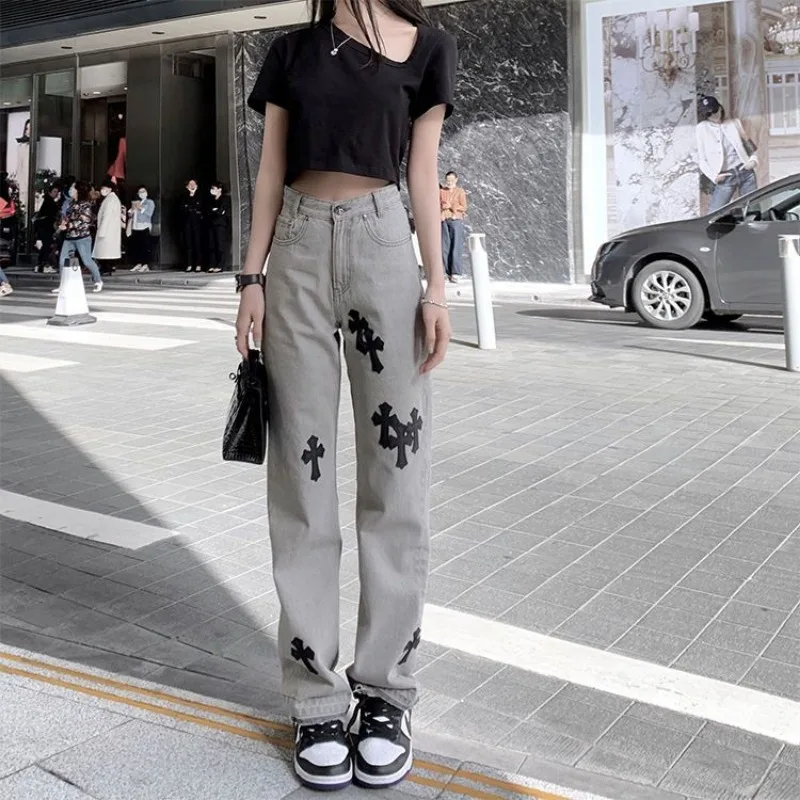 2023 Fashion Trousers Cross Denim Pants Streetwear Baggy Jeans for Men Korean Y2k Women Cargo Pants Gray Hip Hop Trousers Woman