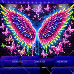 Blacklight Angel Wings Tapestry UV Reactive Neon Wall Hanging Tapestries Fluorecent Butterfly Aesthetic Art Decor For Bedroom