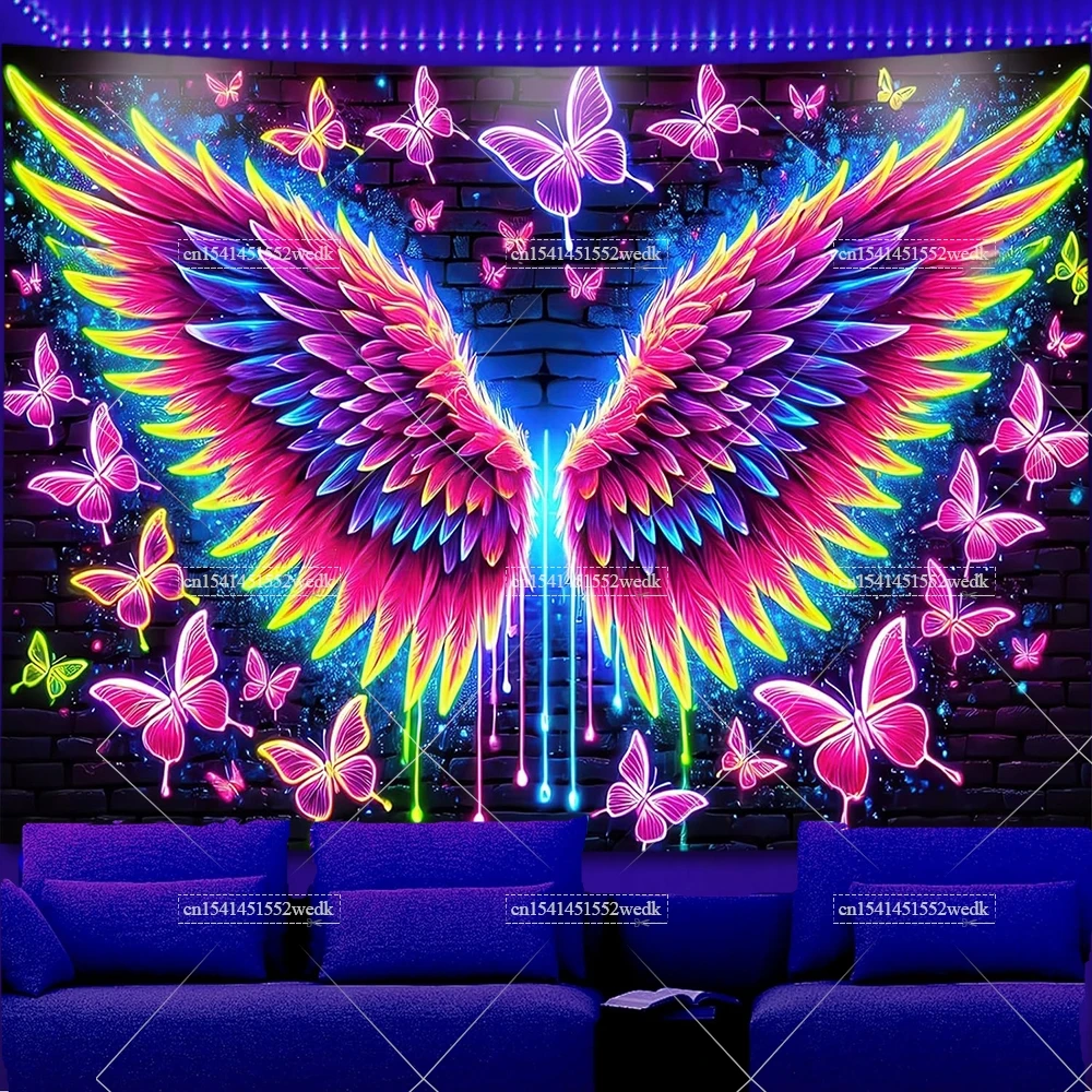 Blacklight Angel Wings Tapestry UV Reactive Neon Wall Hanging Tapestries Fluorecent Butterfly Aesthetic Art Decor For Bedroom