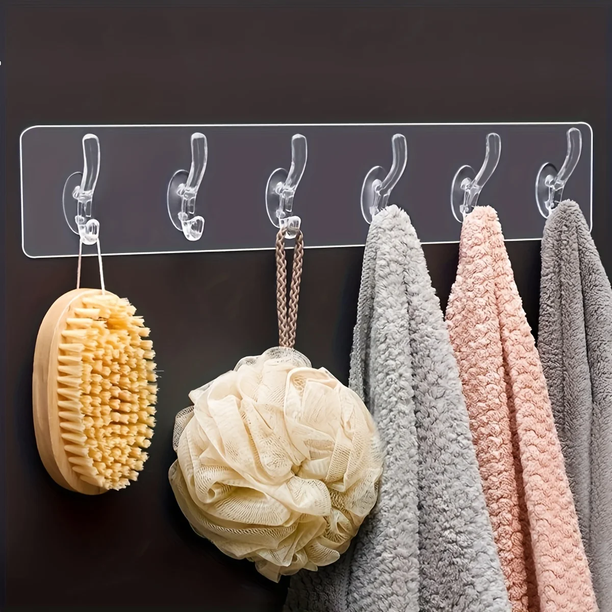 1pc transparent non porous hook, seamless adhesive hook, 6-hook row hook, clothes and hat hook for bathroom and wall room