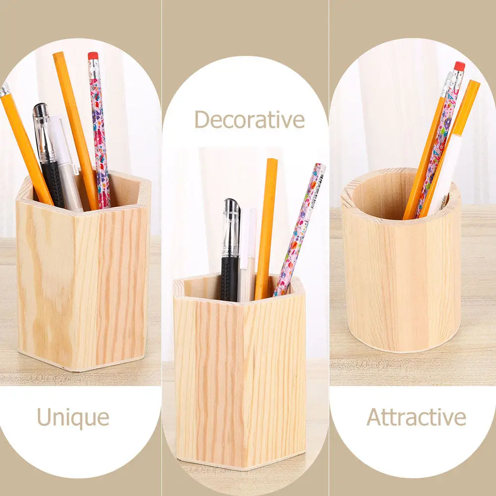 2Pcs Natural Pine Wood Pen Holder Lightweight Portable Desktop Decor Organizer for Office Study Bedroom Makeup Tools Stationery