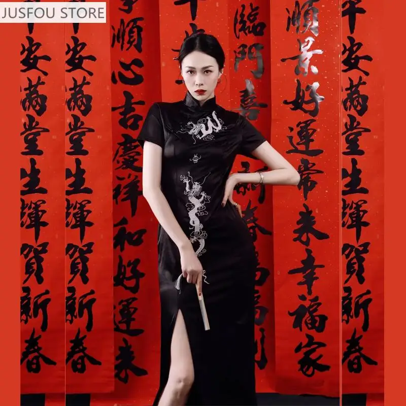 

Gothic Style Chinese Qipao Dress Sexy Cheongsam Year of Dragon Black Dress Bodycon Modern Oriental Fashion Streetwear Halloween