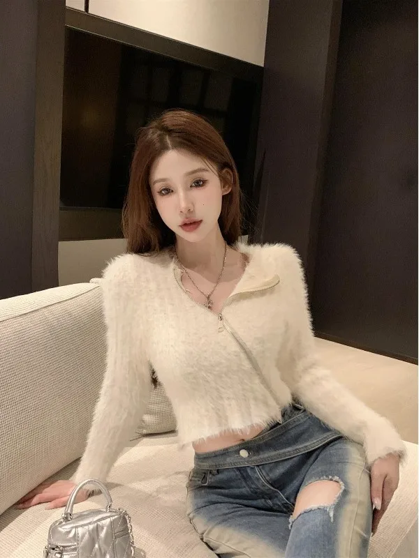 

Стильный теплый вязаный кардиган с воротником из искусственного меха норки, с длинными рукавами, женский зимний дизайн, на двойной молнии, корейский стиль, укороченный.