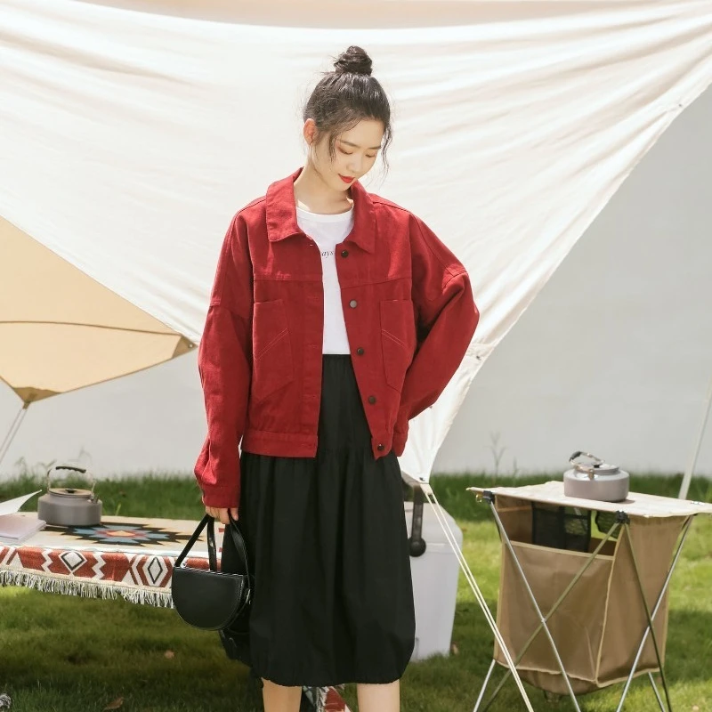 2025 Moda mujer Vino suelto - Vaquero rojo Retro Hong - Estilo Béisbol Ins Ropa de abrigo de otoño de moda