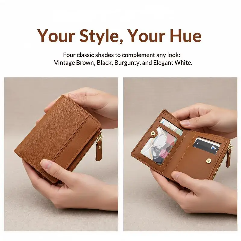 Zipper Closure Women's Small PU Leather Wallet Solid Color Short Simple Purse with Card Slots for Shopping Travel