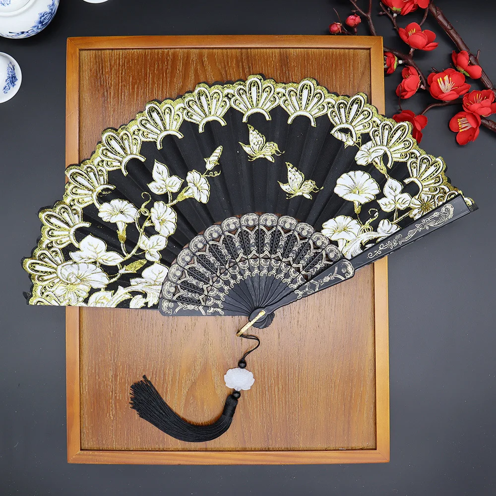 Retro Folding Fan Chinese Style Luxury Floral Glitter Butterfly Fans Crafts Dance Decoration Wedding Art Craft Gift For Guest